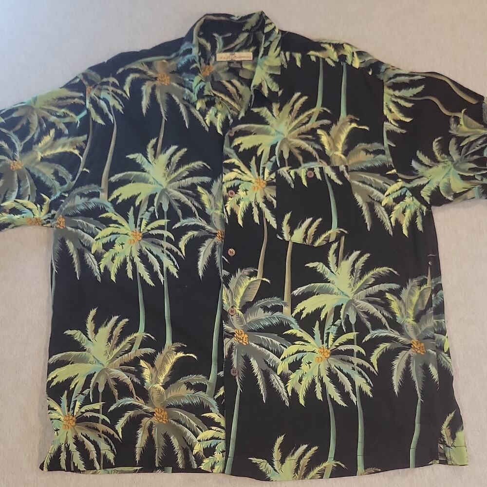 S&D Bahamas Men’s XL Short Sleeve Tropical Palm Tree Button-Up Rayon Black